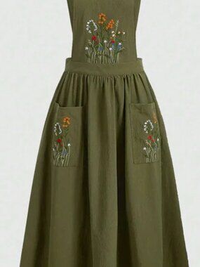 Whimsy green floral embroidered apron dress pinafore